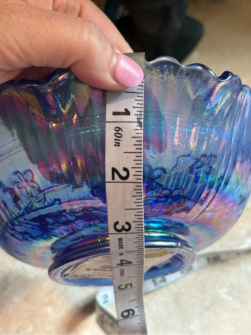 Vintage L.E Smith Carnival Glass Windmill Iridescent Blue Ruffled Glass Bowl 8”
